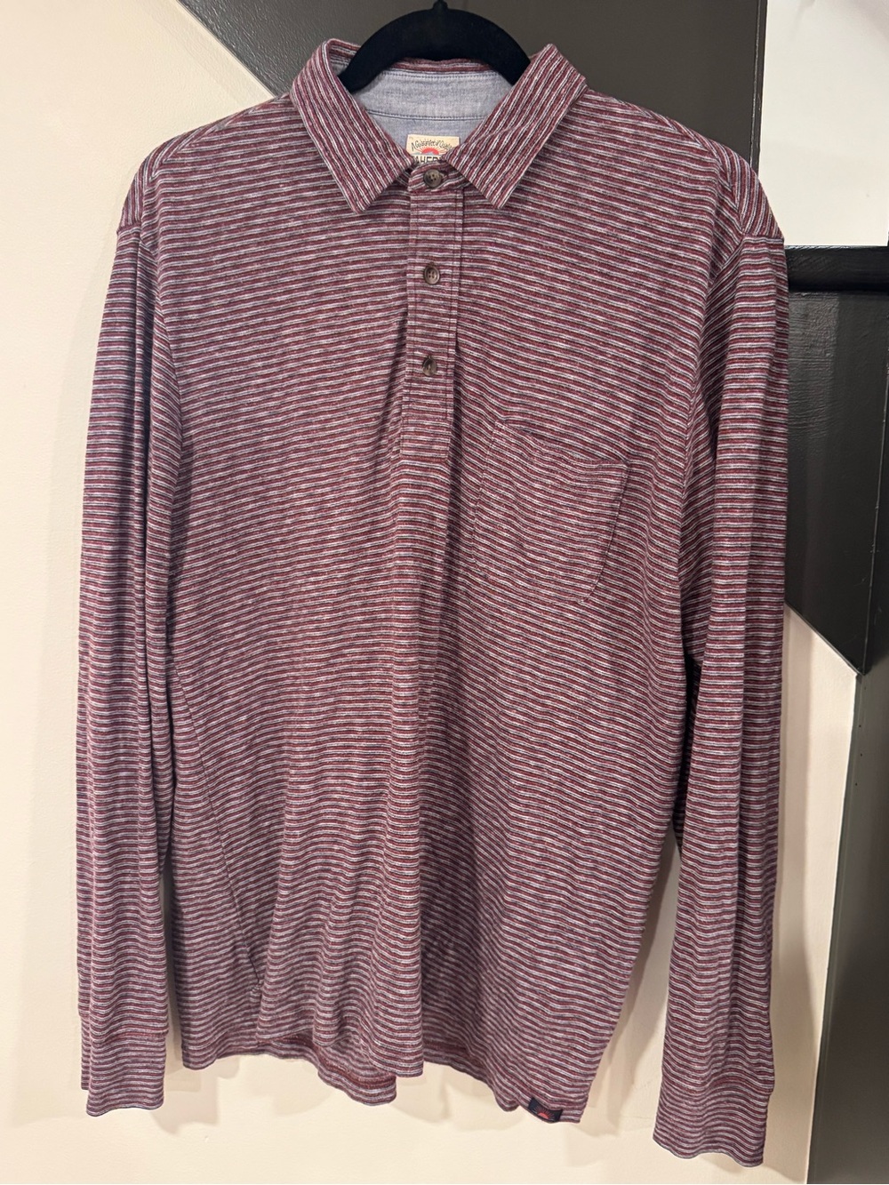 Faherty Burgundy and Gray Striped Long-Sleeve Polo